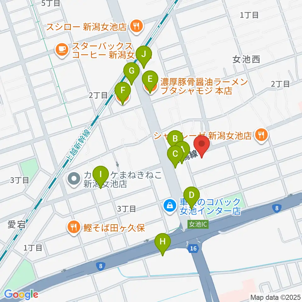 カワイ新潟ショップ周辺のファミレス・ファーストフード一覧地図