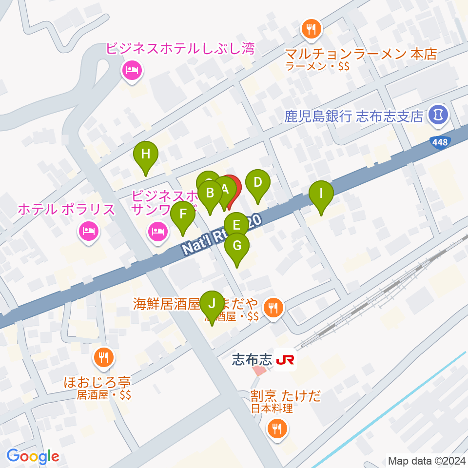 志布志 島津キュレオホール周辺のファミレス・ファーストフード一覧地図