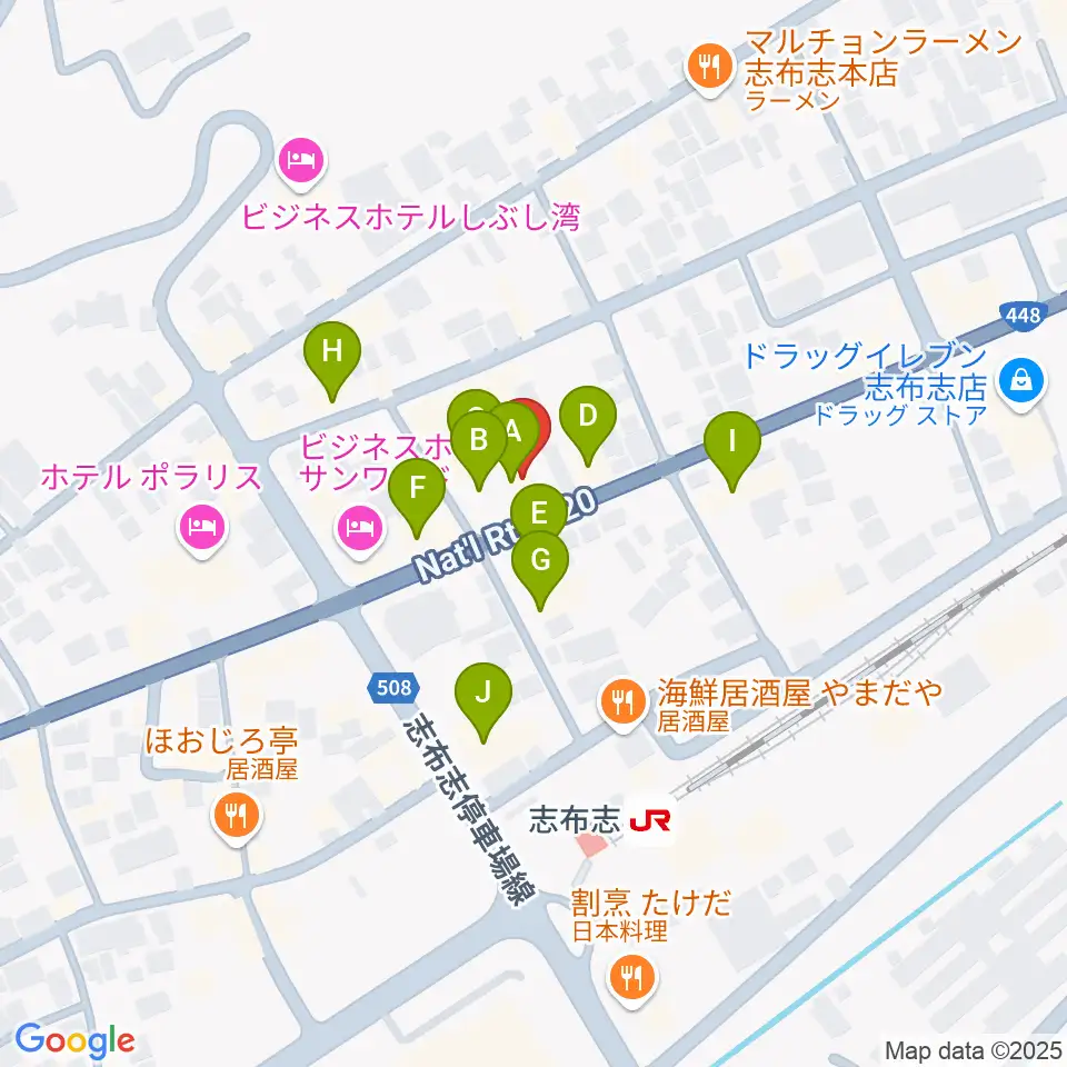志布志 島津キュレオホール周辺のファミレス・ファーストフード一覧地図