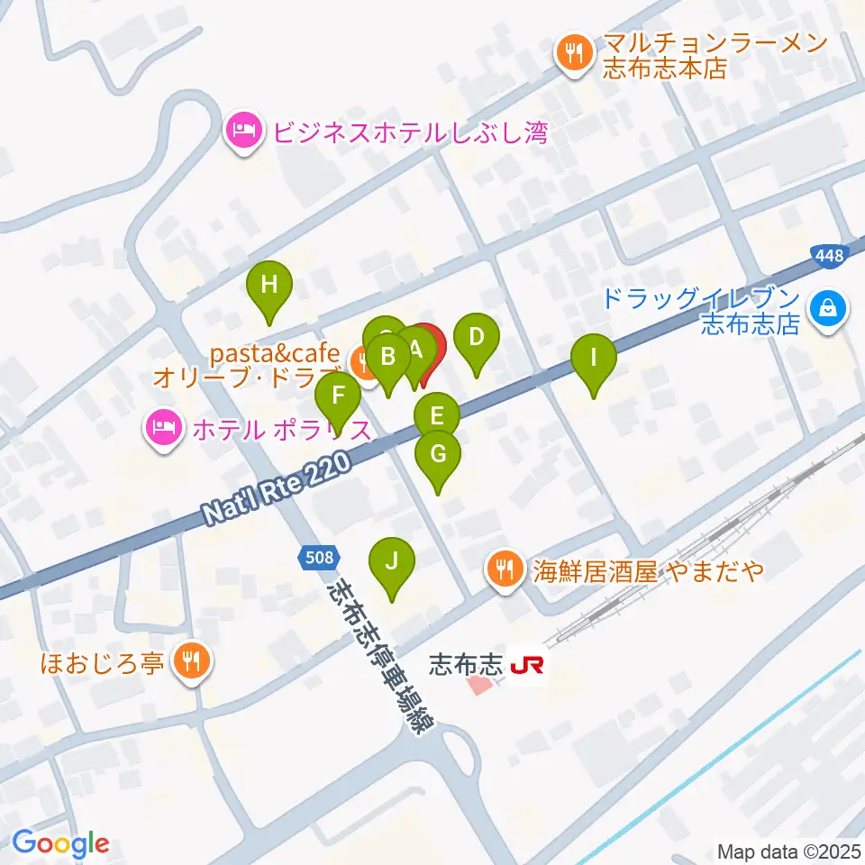志布志 島津キュレオホール周辺のファミレス・ファーストフード一覧地図