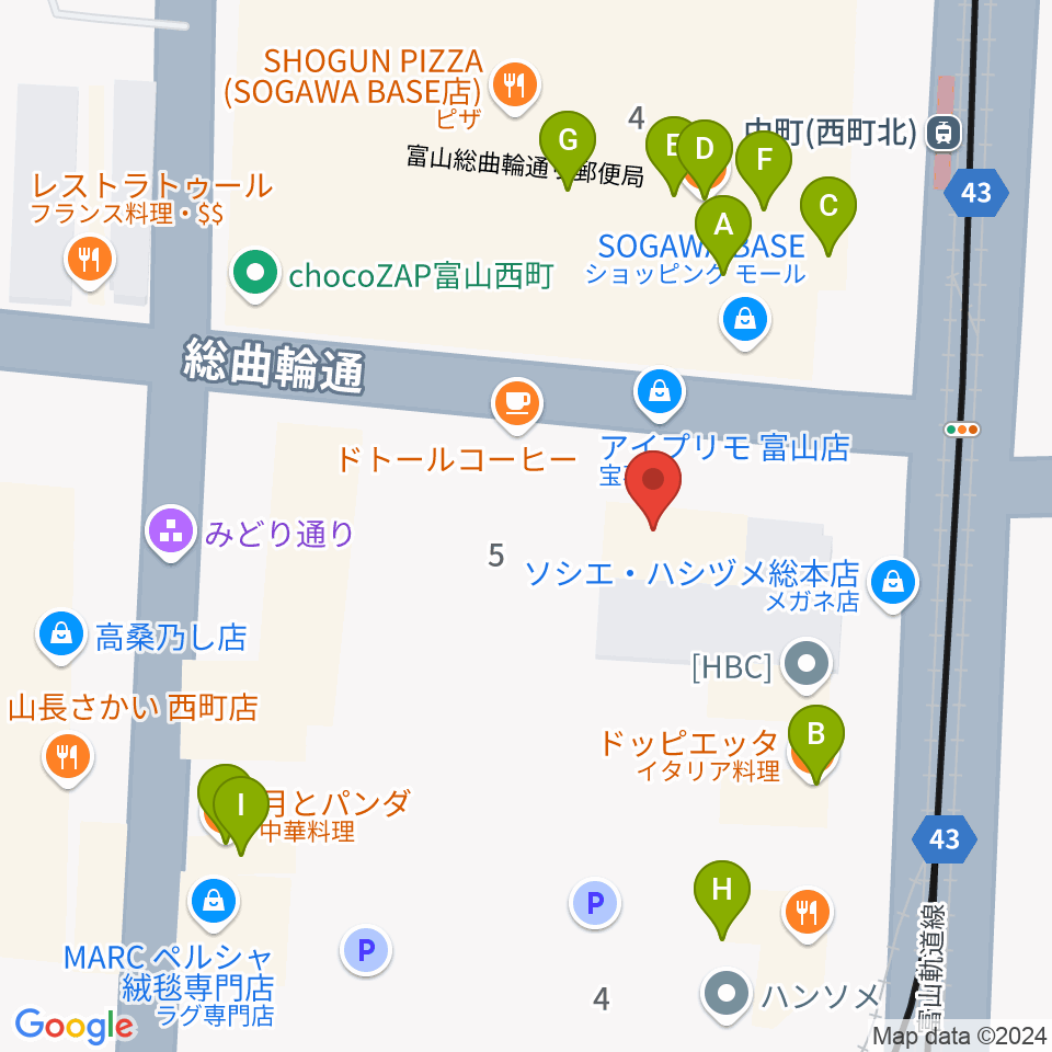 カワイ富山ショップ周辺のファミレス・ファーストフード一覧地図