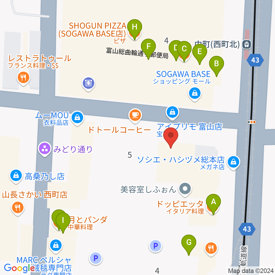 カワイ富山ショップ周辺のファミレス・ファーストフード一覧地図