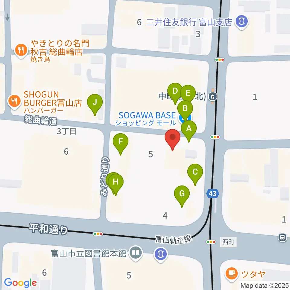 カワイ富山ショップ周辺のファミレス・ファーストフード一覧地図