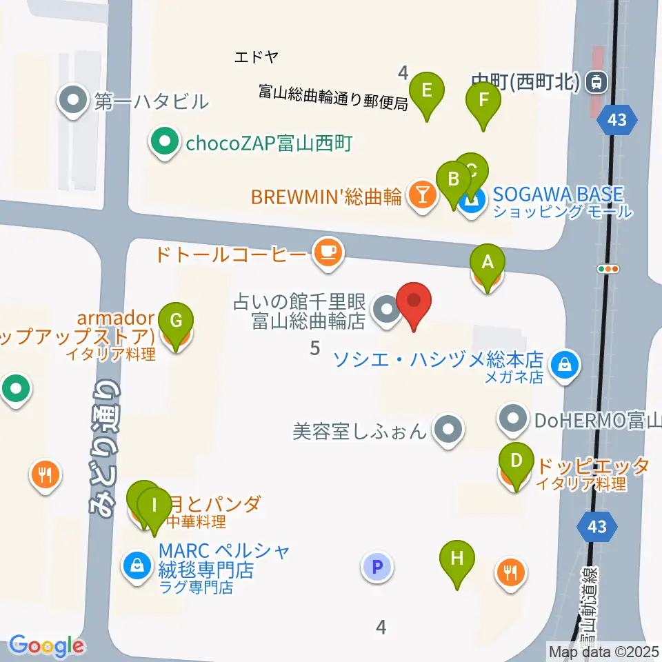 カワイ富山ショップ周辺のファミレス・ファーストフード一覧地図