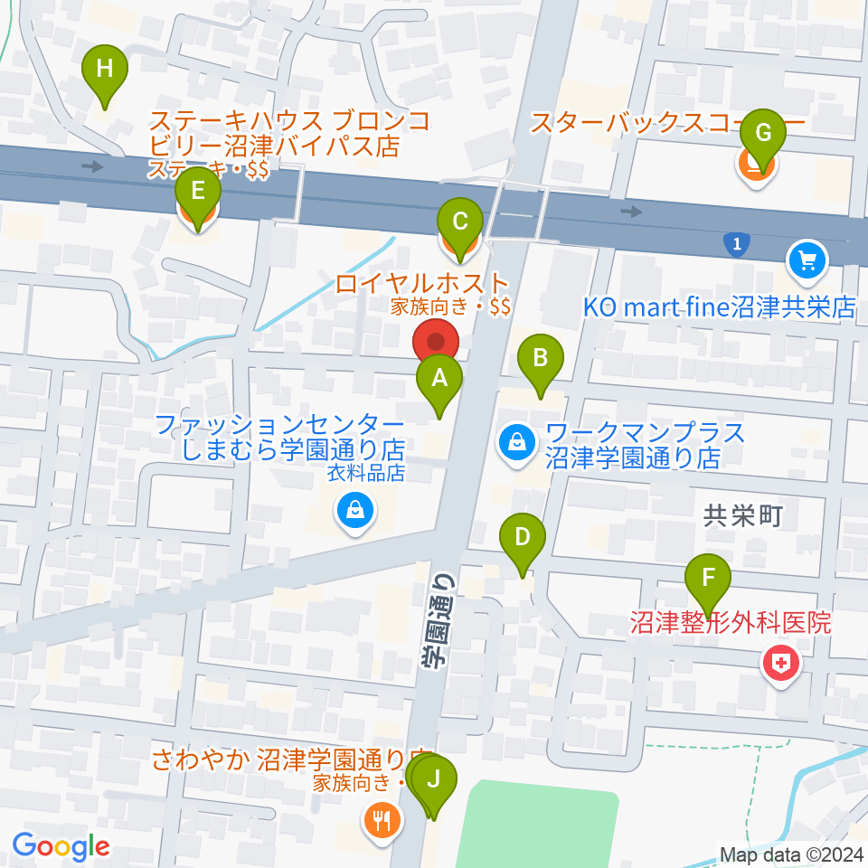 カワイ沼津ショップ周辺のファミレス・ファーストフード一覧地図