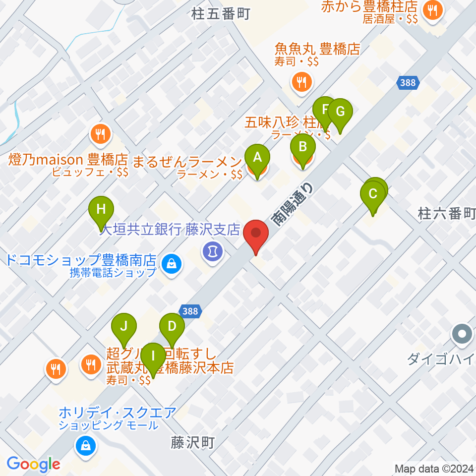 カワイ豊橋ショップ周辺のファミレス・ファーストフード一覧地図