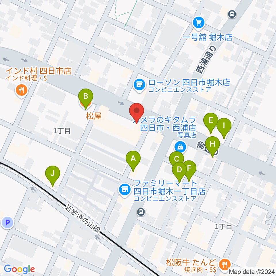 カワイ四日市ショップ周辺のファミレス・ファーストフード一覧地図