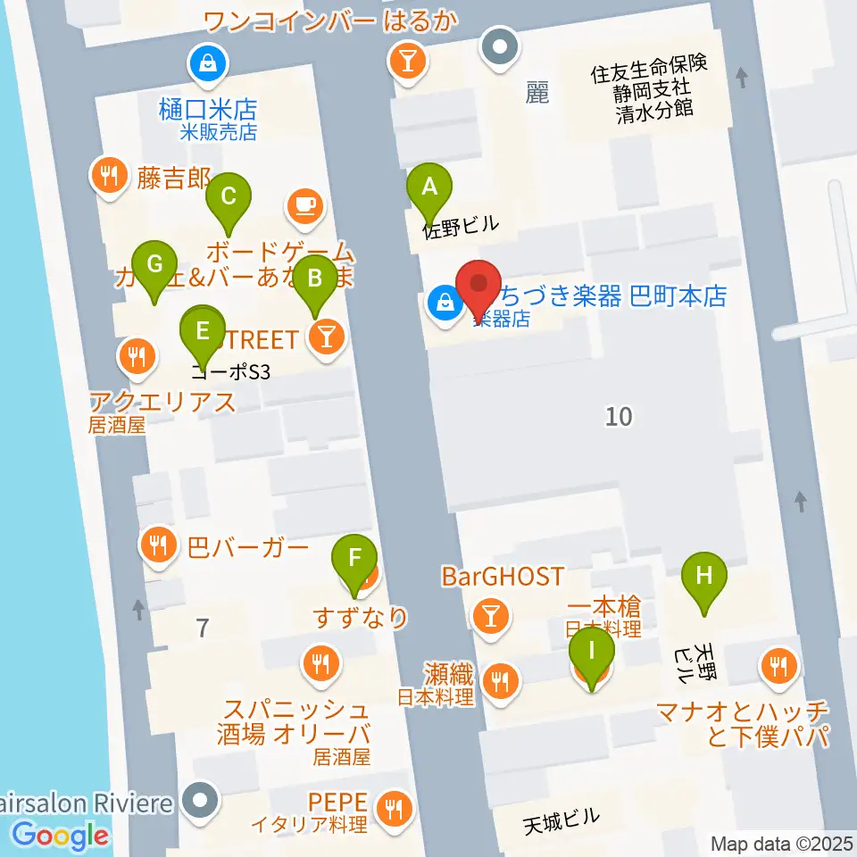 もちづき楽器 巴町本店センター周辺のファミレス・ファーストフード一覧地図