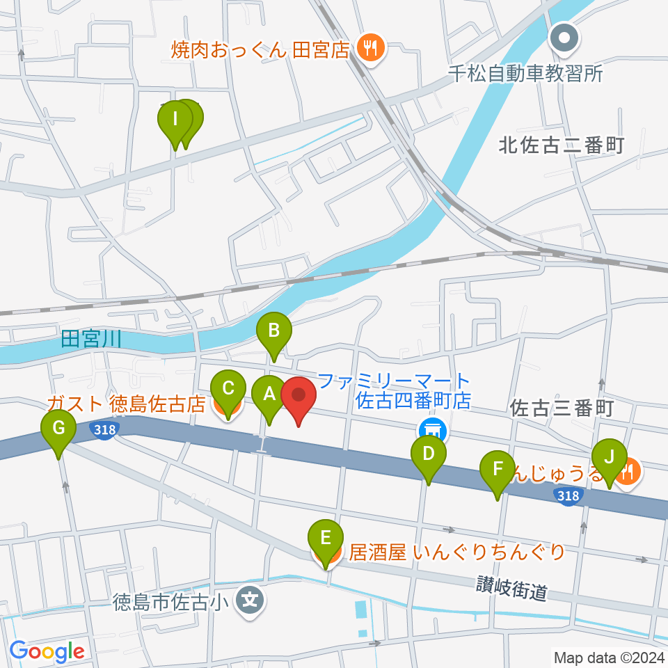 カワイ徳島ショップ周辺のファミレス・ファーストフード一覧地図