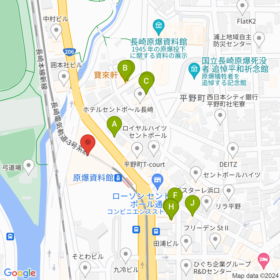 カワイ長崎ショップ周辺のファミレス・ファーストフード一覧地図