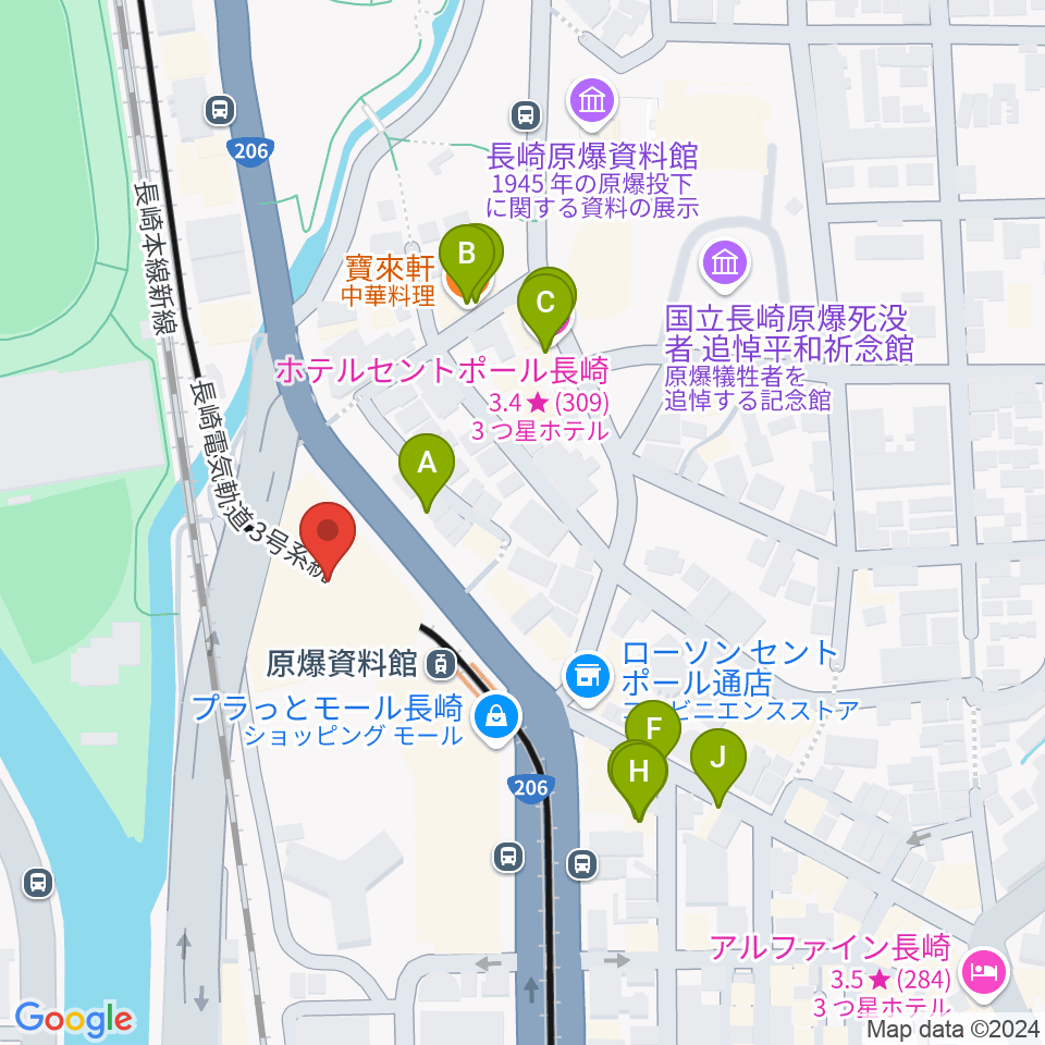 カワイ長崎ショップ周辺のファミレス・ファーストフード一覧地図