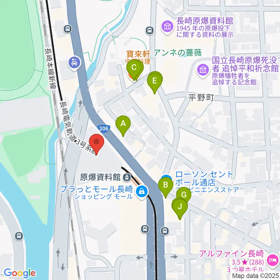 カワイ長崎ショップ周辺のファミレス・ファーストフード一覧地図