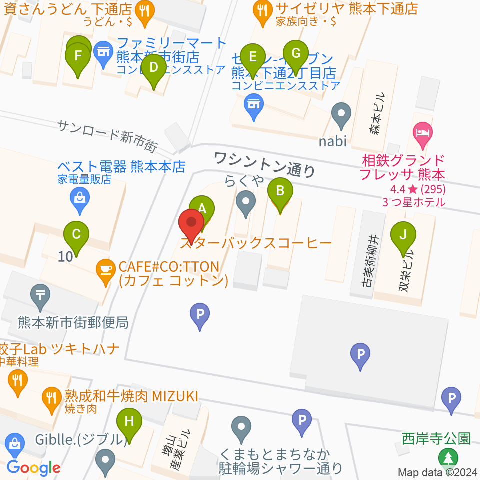 カワイ熊本ショップ周辺のファミレス・ファーストフード一覧地図