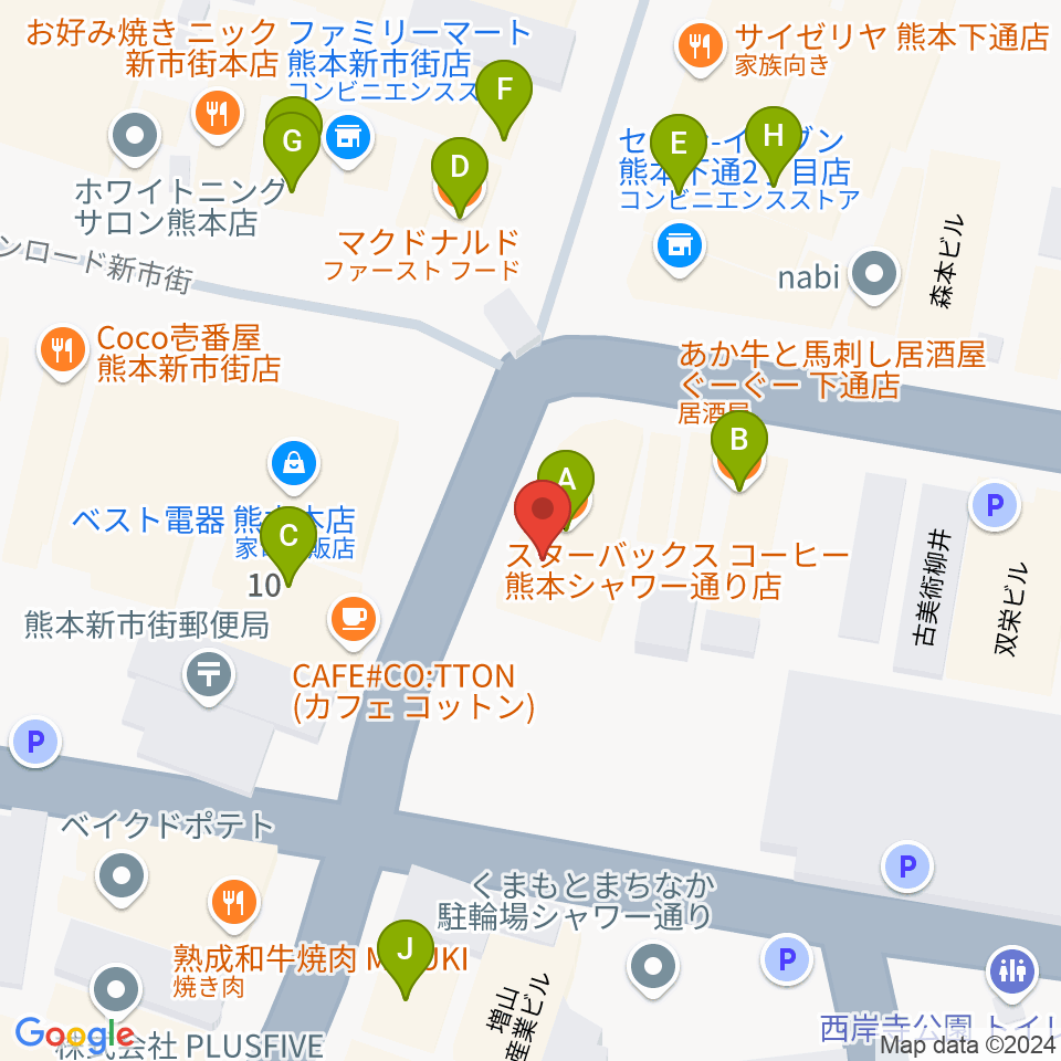 カワイ熊本ショップ周辺のファミレス・ファーストフード一覧地図