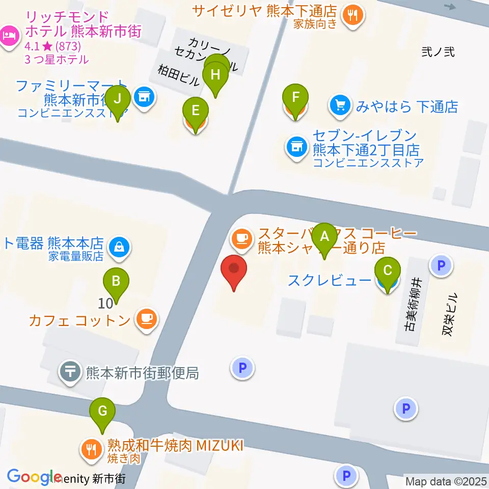 カワイ熊本ショップ周辺のファミレス・ファーストフード一覧地図