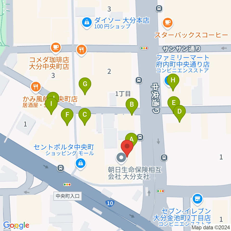 カワイ大分ショップ周辺のファミレス・ファーストフード一覧地図