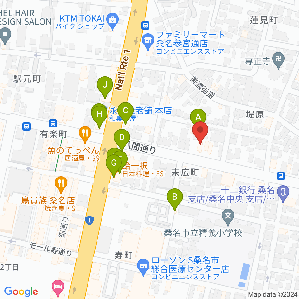 北勢ミュージック周辺のファミレス・ファーストフード一覧地図