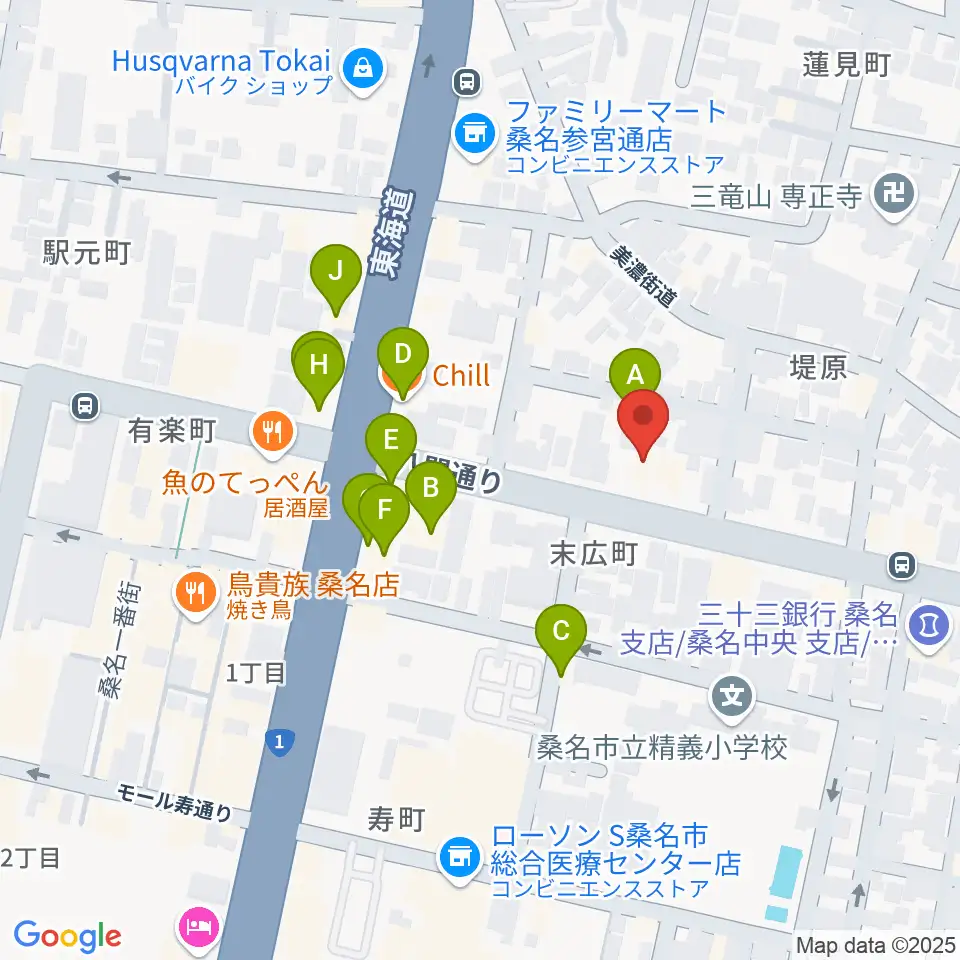北勢ミュージック周辺のファミレス・ファーストフード一覧地図