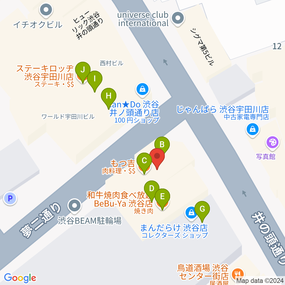 ミュージックランドKEY渋谷店周辺のファミレス・ファーストフード一覧地図