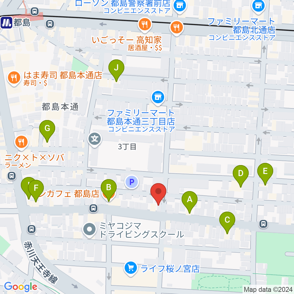 都島区の上野音楽学園周辺のファミレス・ファーストフード一覧地図