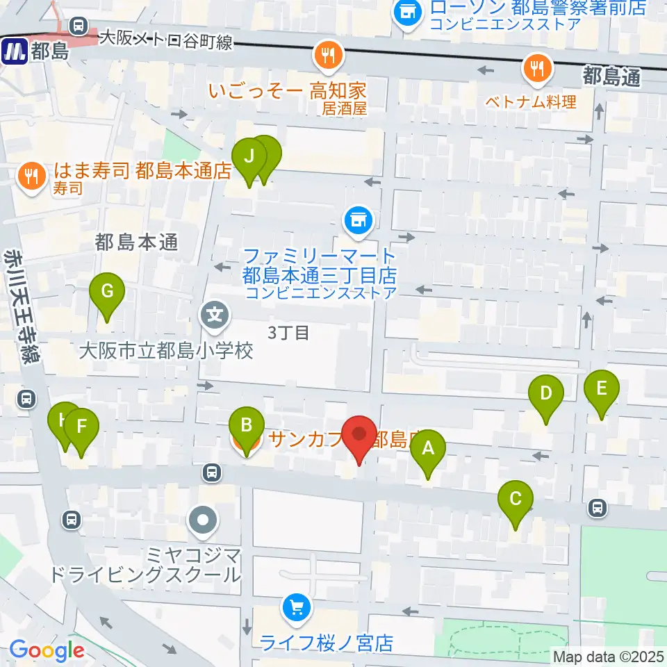 都島区の上野音楽学園周辺のファミレス・ファーストフード一覧地図