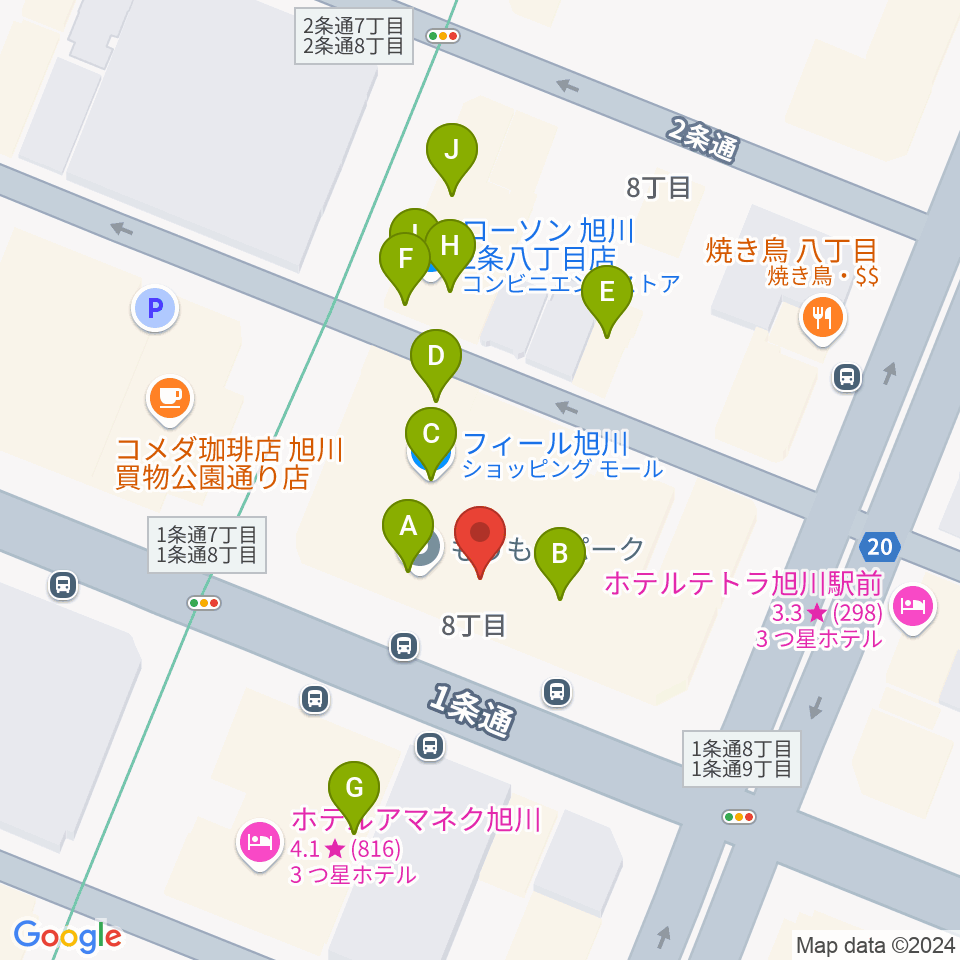 島村楽器 フィール旭川店周辺のファミレス・ファーストフード一覧地図