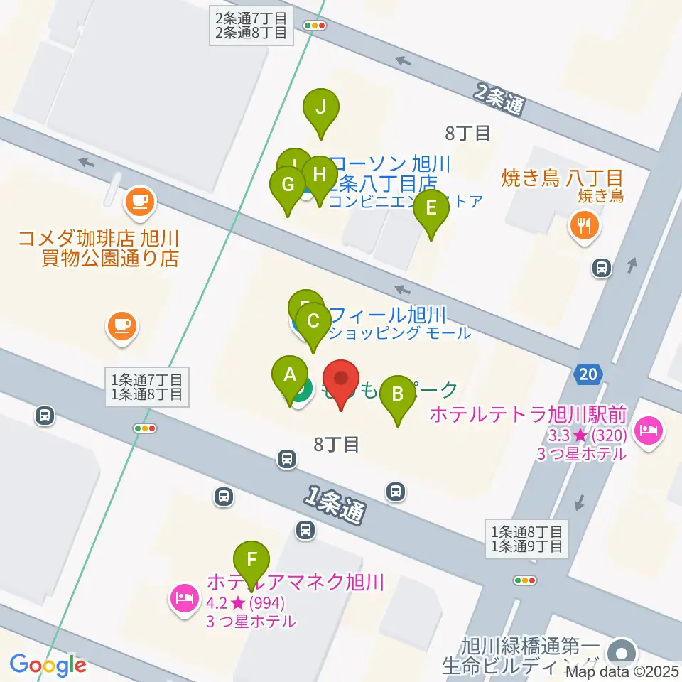 島村楽器 フィール旭川店周辺のファミレス・ファーストフード一覧地図