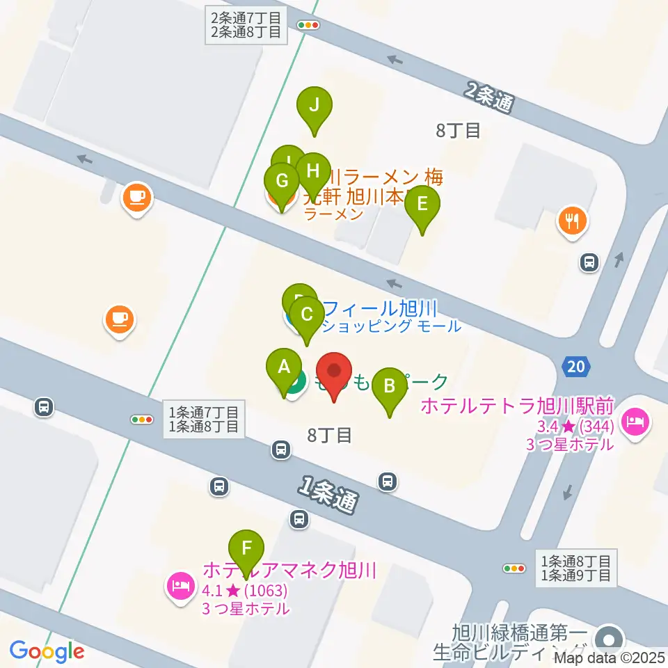 島村楽器 フィール旭川店周辺のファミレス・ファーストフード一覧地図