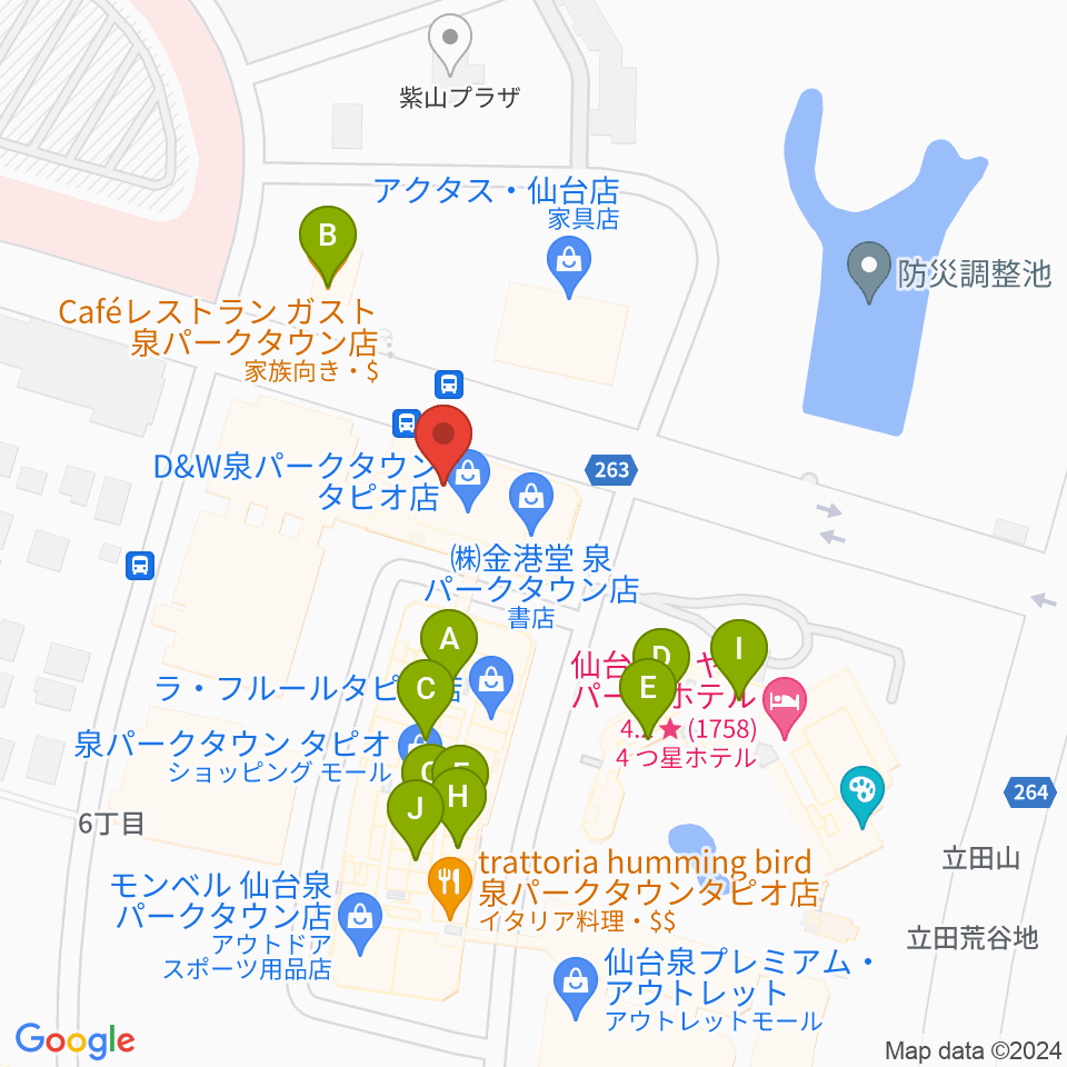 島村楽器 仙台泉パークタウンタピオ店周辺のファミレス・ファーストフード一覧地図