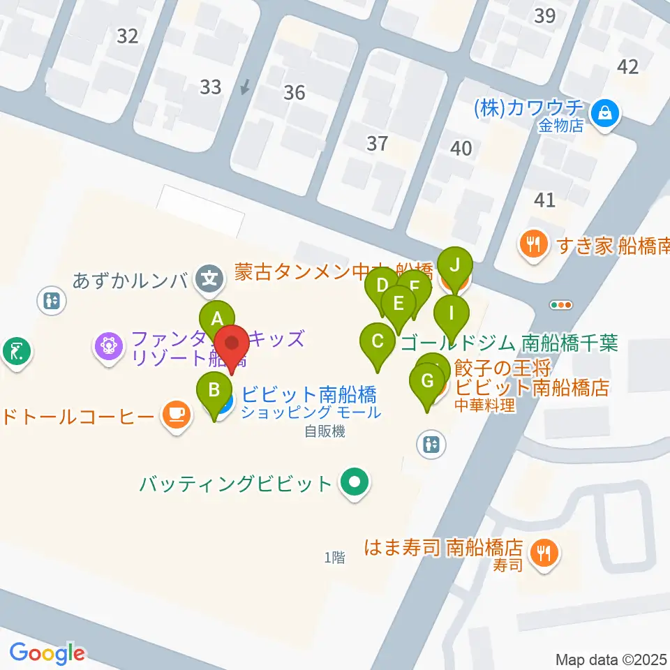 島村楽器 ビビット南船橋店周辺のファミレス・ファーストフード一覧地図