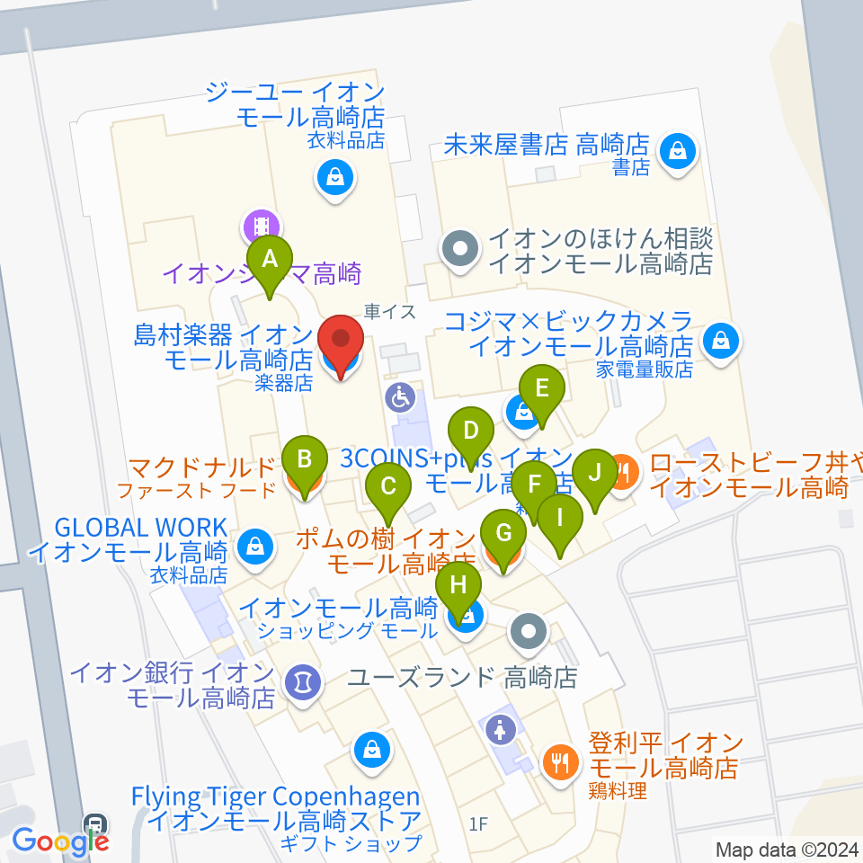 島村楽器 イオンモール高崎店周辺のファミレス・ファーストフード一覧地図