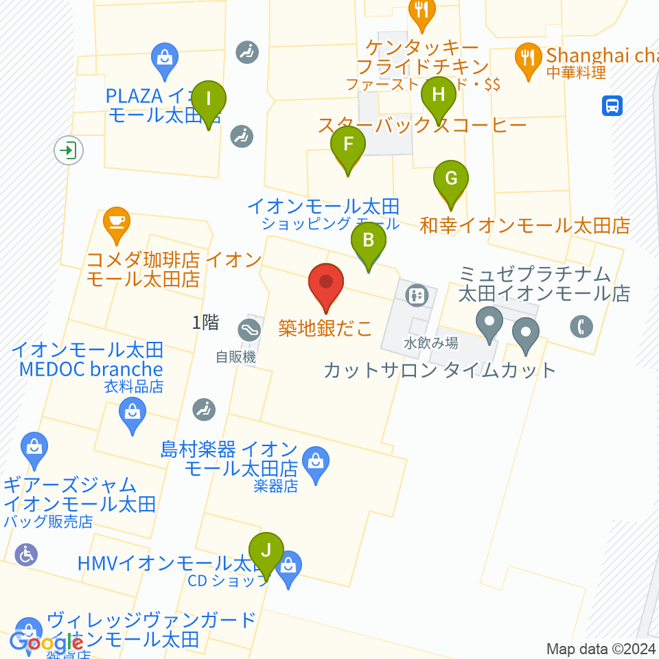 島村楽器 イオンモール太田店周辺のファミレス・ファーストフード一覧地図