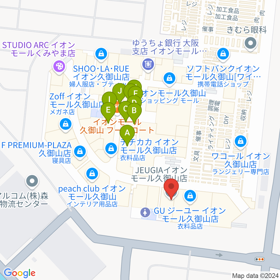 JEUGIA イオンモール久御山店周辺のファミレス・ファーストフード一覧地図