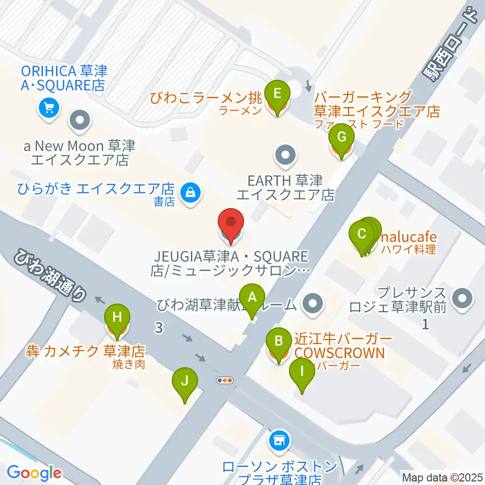 JEUGIA草津Aスクエア店周辺のファミレス・ファーストフード一覧地図