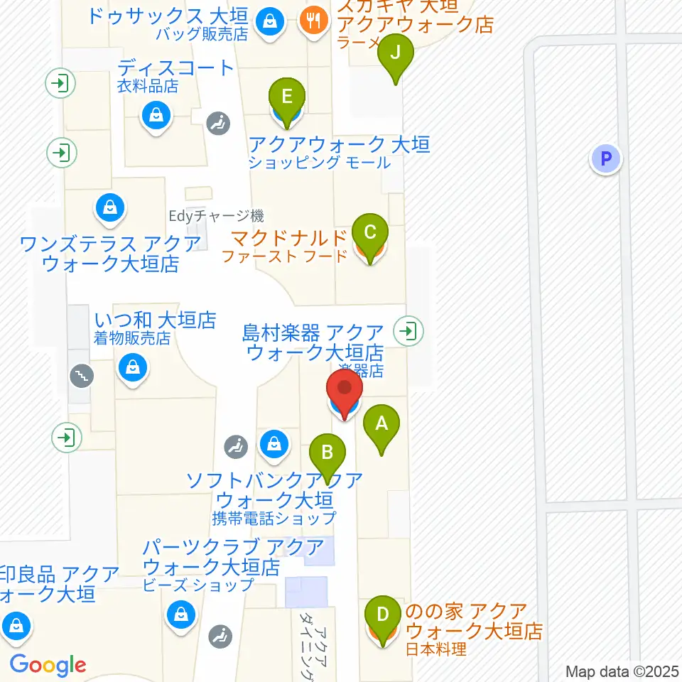 島村楽器 アクアウォーク大垣店周辺のファミレス・ファーストフード一覧地図