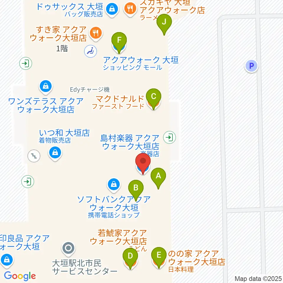島村楽器 アクアウォーク大垣店周辺のファミレス・ファーストフード一覧地図