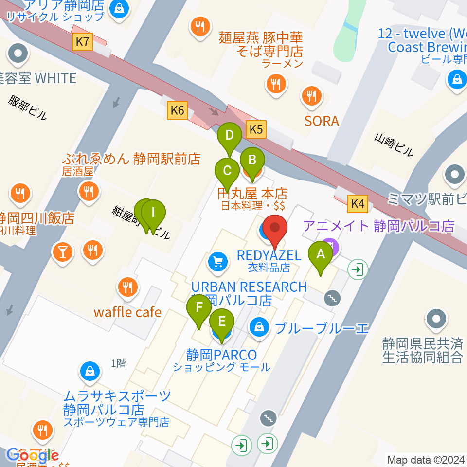 島村楽器 静岡パルコ店周辺のファミレス・ファーストフード一覧地図