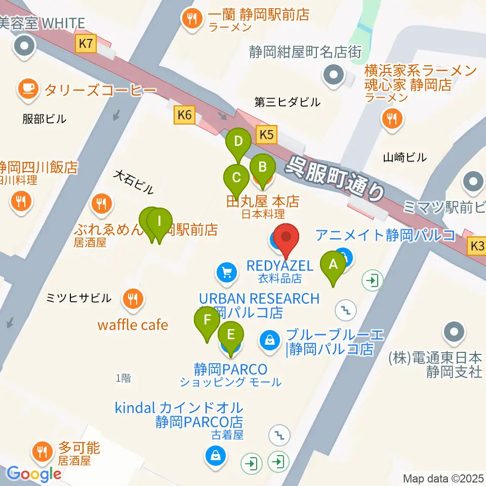 島村楽器 静岡パルコ店周辺のファミレス・ファーストフード一覧地図