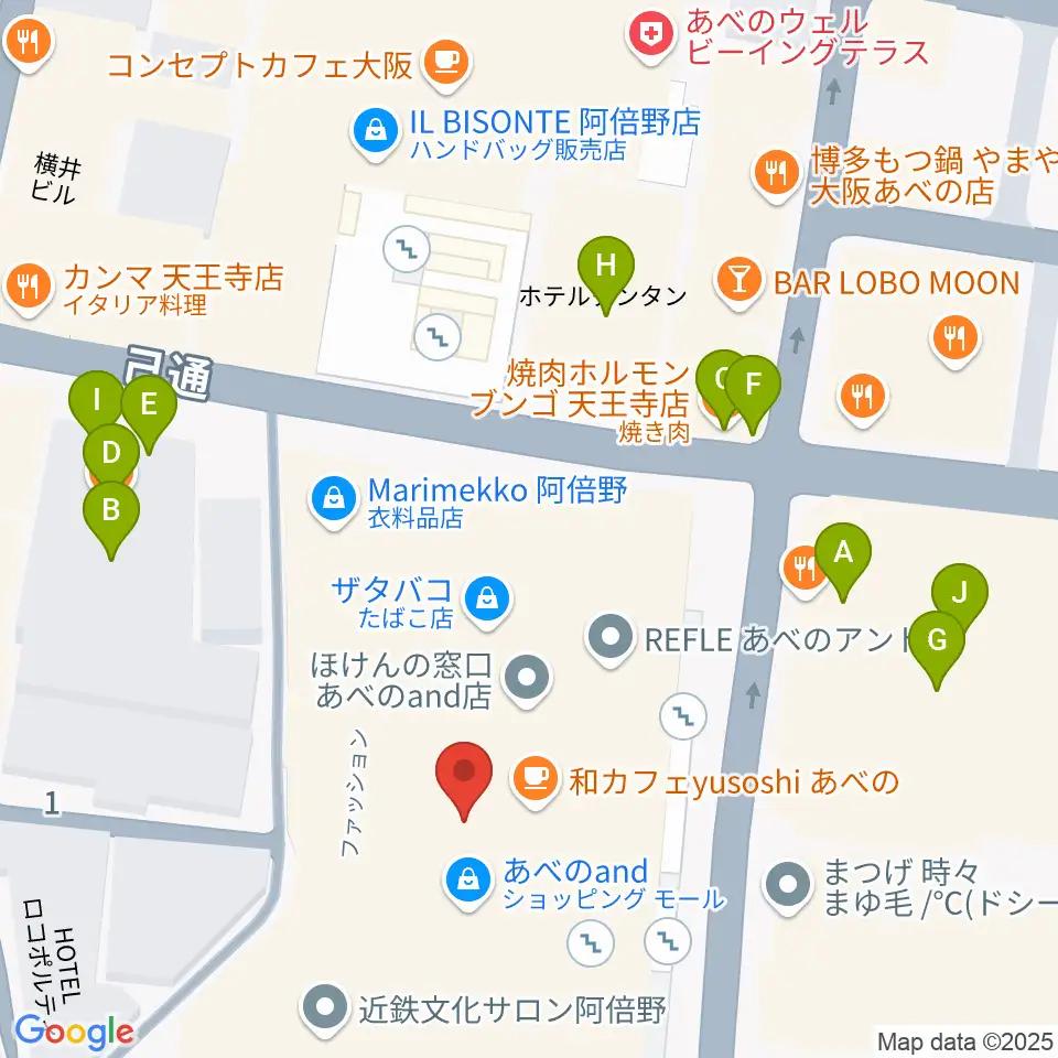 島村楽器 あべのand店周辺のファミレス・ファーストフード一覧地図