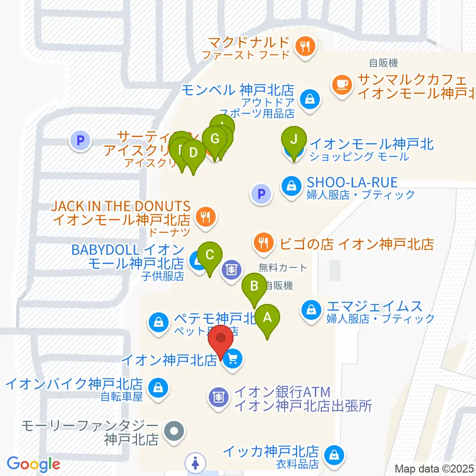 島村楽器 イオンモール神戸北店周辺のファミレス・ファーストフード一覧地図