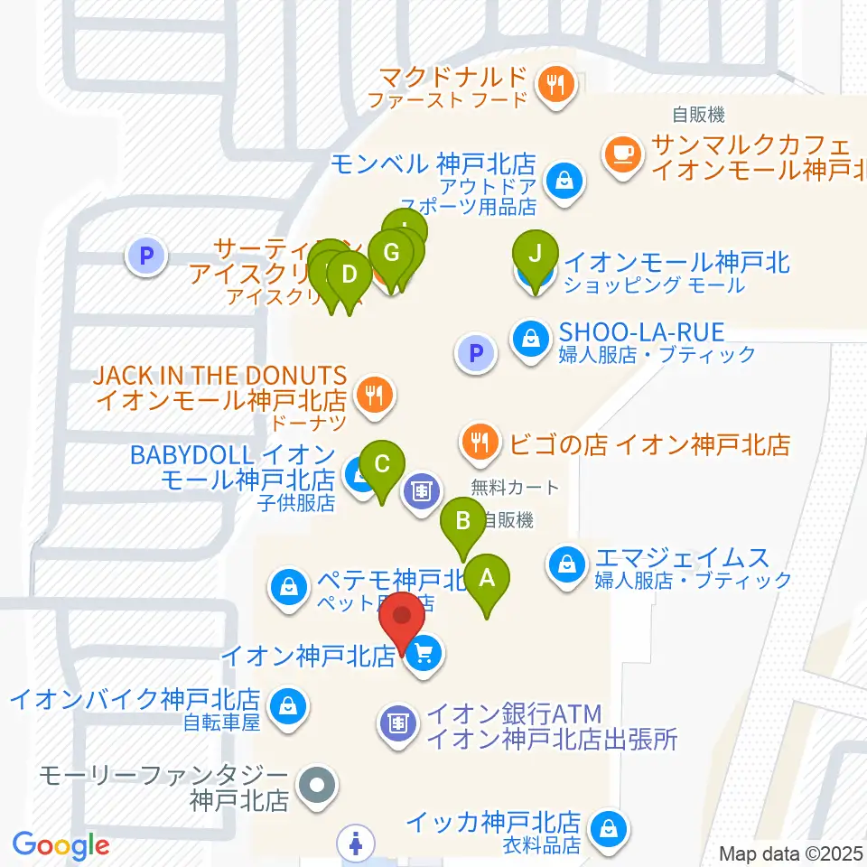 島村楽器 イオンモール神戸北店周辺のファミレス・ファーストフード一覧地図
