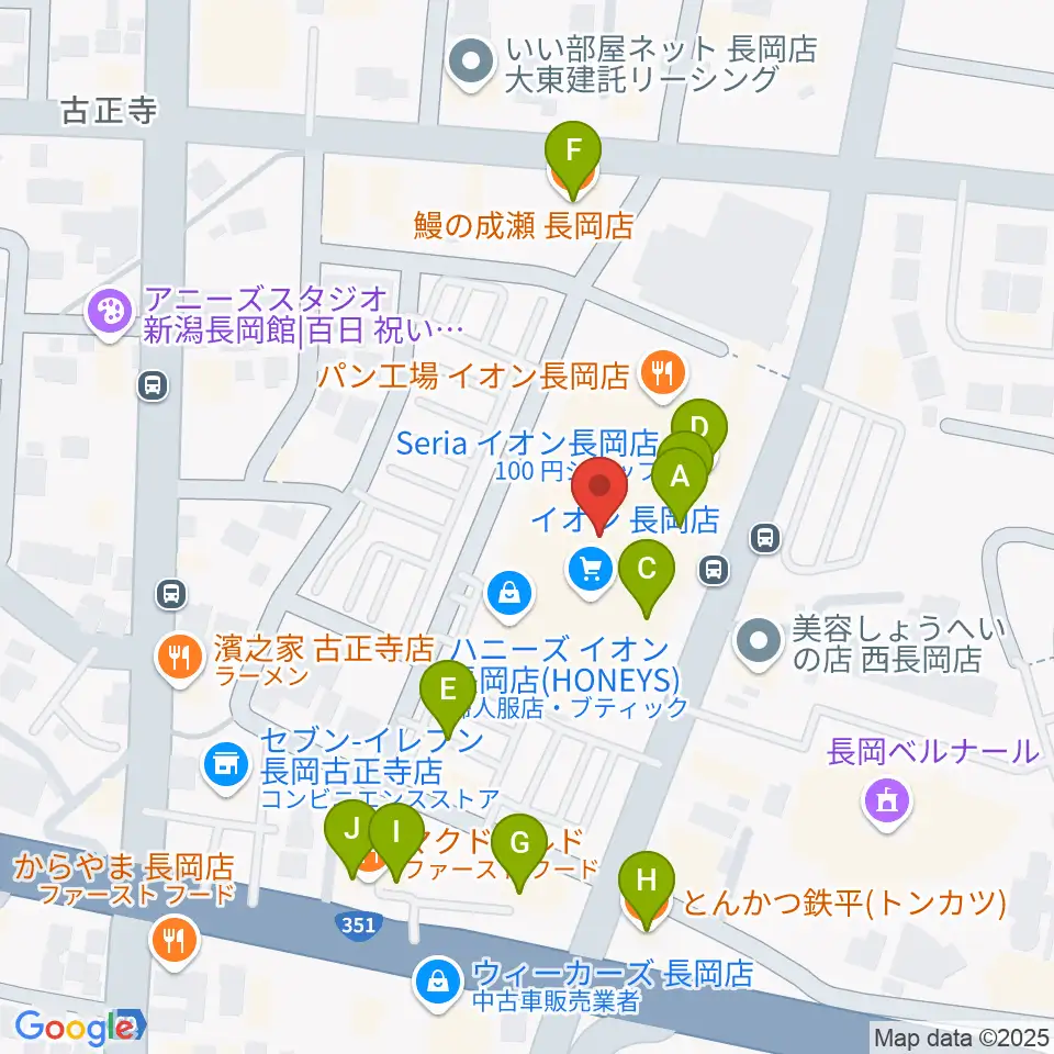 島村楽器 イオン長岡店 周辺のファミレス・ファーストフード一覧地図