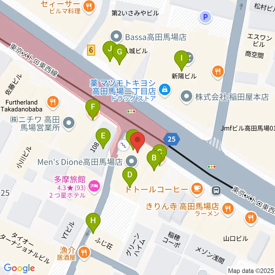 高田馬場カフェコットンクラブ周辺のファミレス・ファーストフード一覧地図