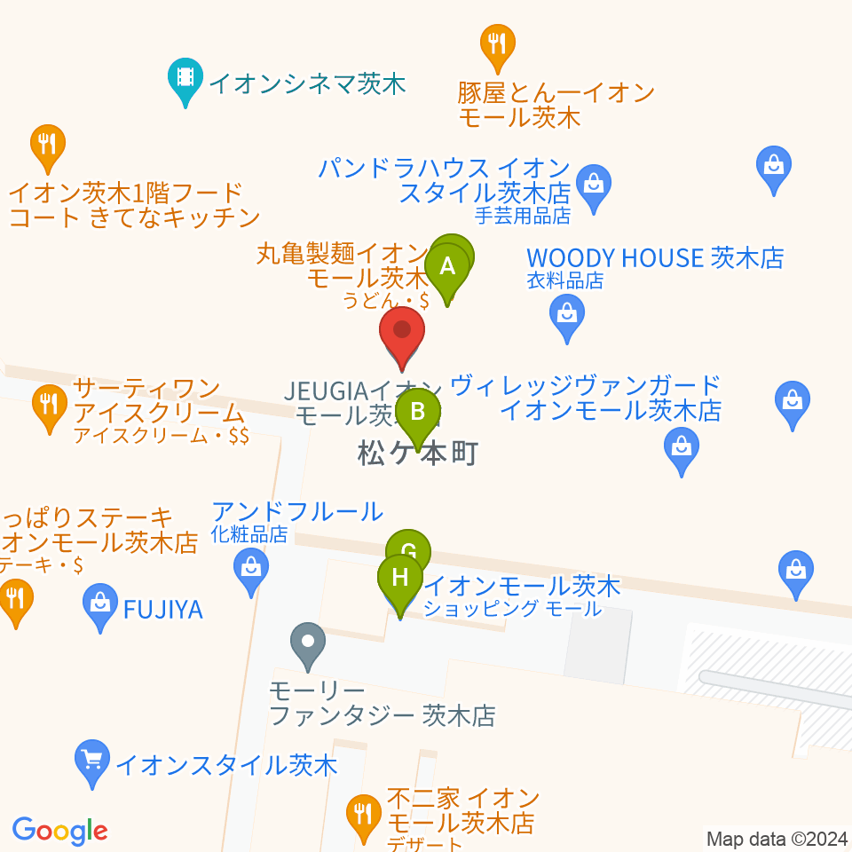 JEUGIAイオンモール茨木店周辺のファミレス・ファーストフード一覧地図