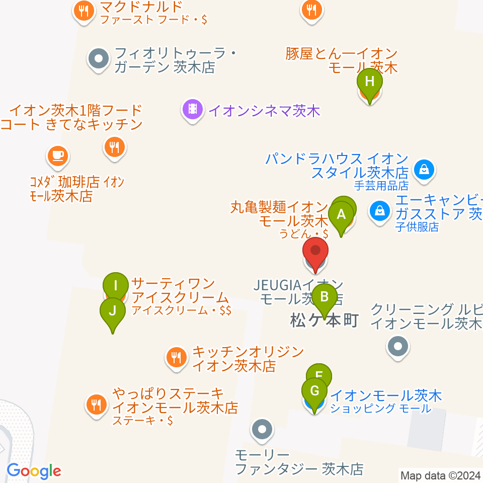 JEUGIAイオンモール茨木店周辺のファミレス・ファーストフード一覧地図