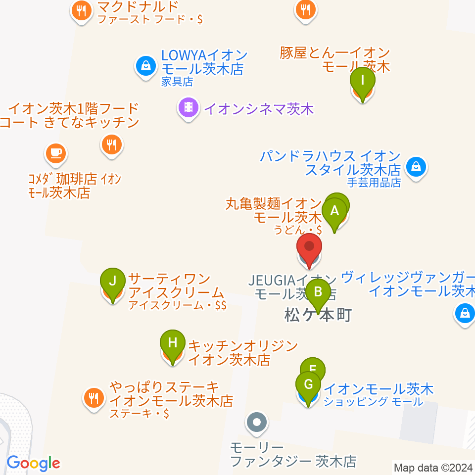 JEUGIAイオンモール茨木店周辺のファミレス・ファーストフード一覧地図