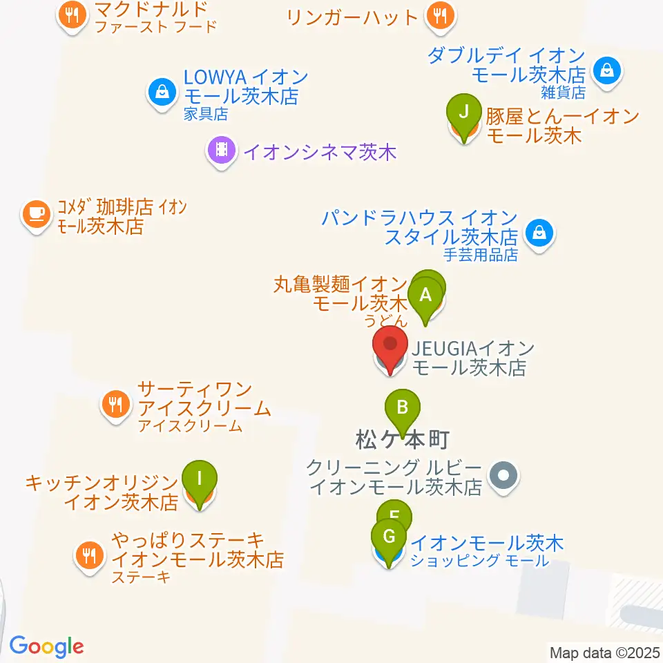 JEUGIAイオンモール茨木店周辺のファミレス・ファーストフード一覧地図