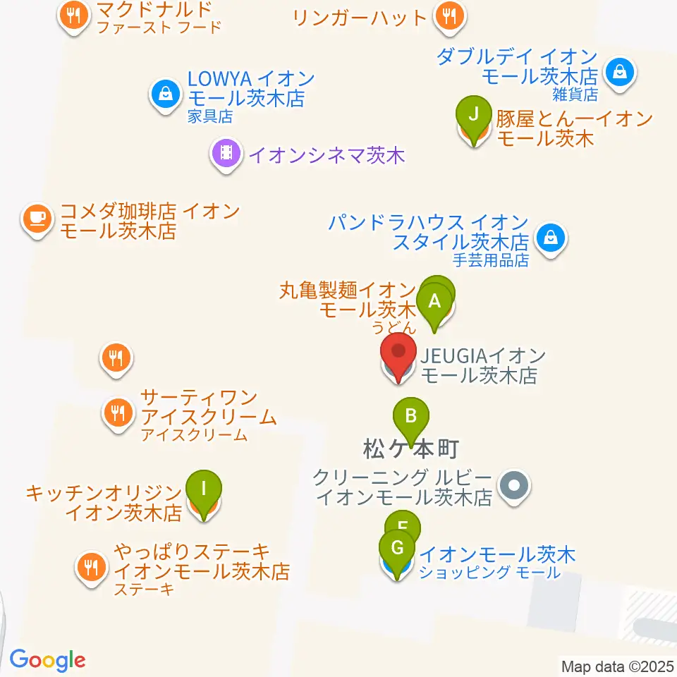 JEUGIAイオンモール茨木店周辺のファミレス・ファーストフード一覧地図
