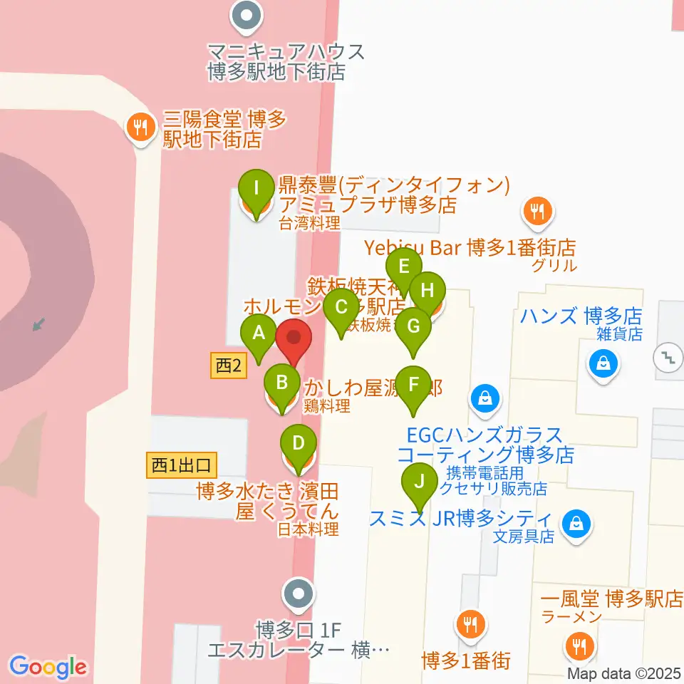 島村楽器 アミュプラザ博多店周辺のファミレス・ファーストフード一覧地図