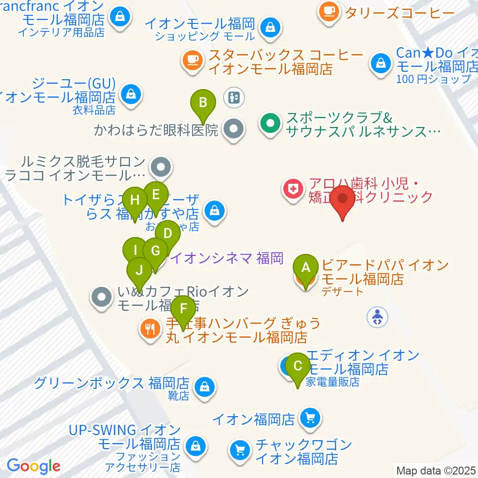 島村楽器 イオンモール福岡店周辺のファミレス・ファーストフード一覧地図